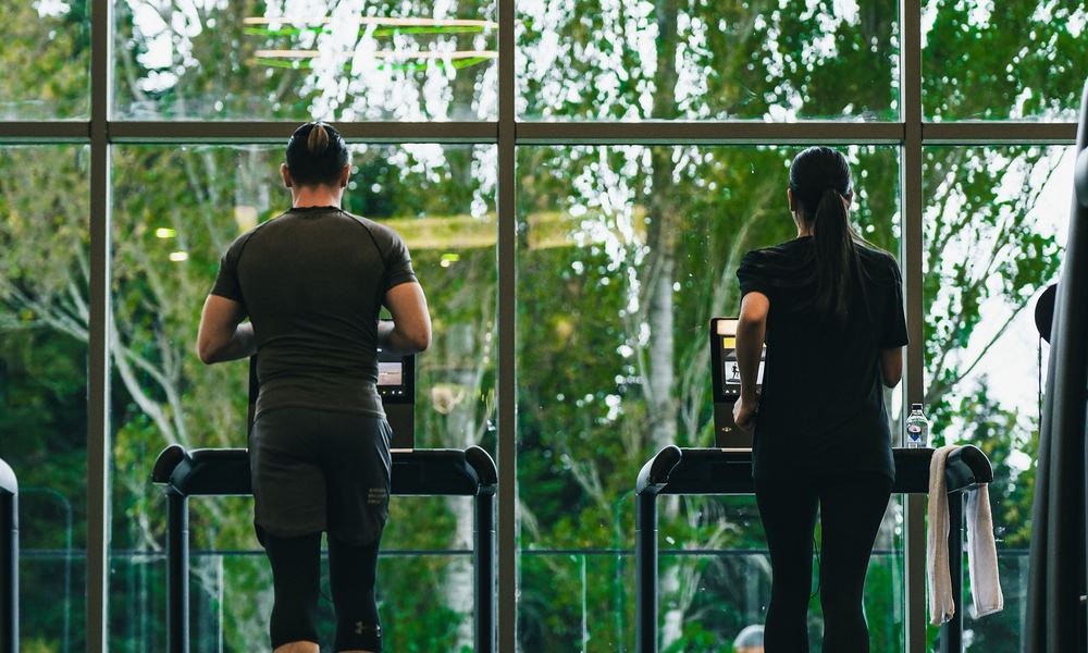 Two people walking on treadmills beside a window